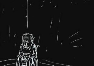 Tegning af ældre deprimeret mand i kørestol der sidder alene