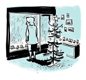 Tegning af en ensom kvinde står alene juleaften